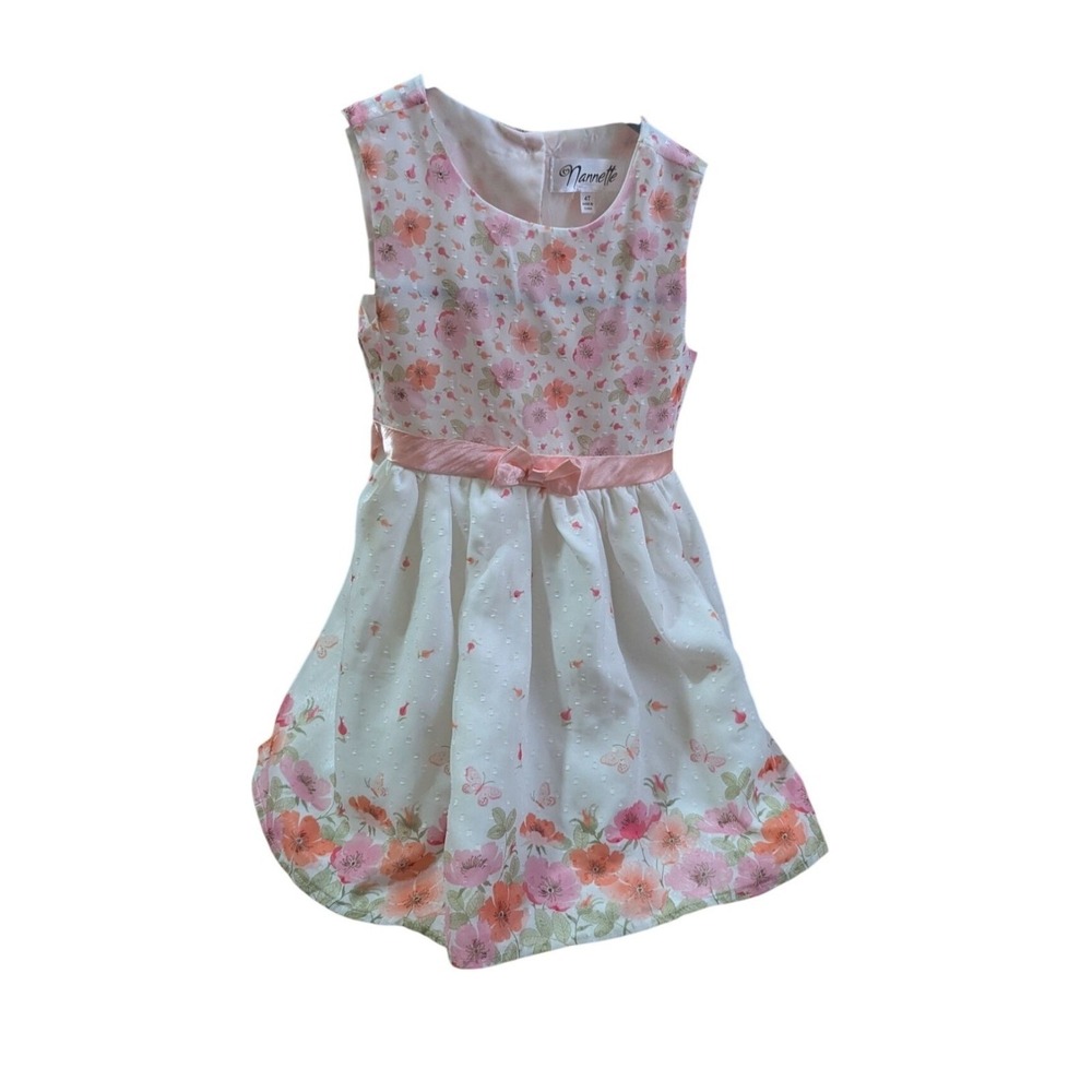 Nannette Girls Floral Dress 4T Pink Orange Butterfly Sleeveless Bow Sash‎ White